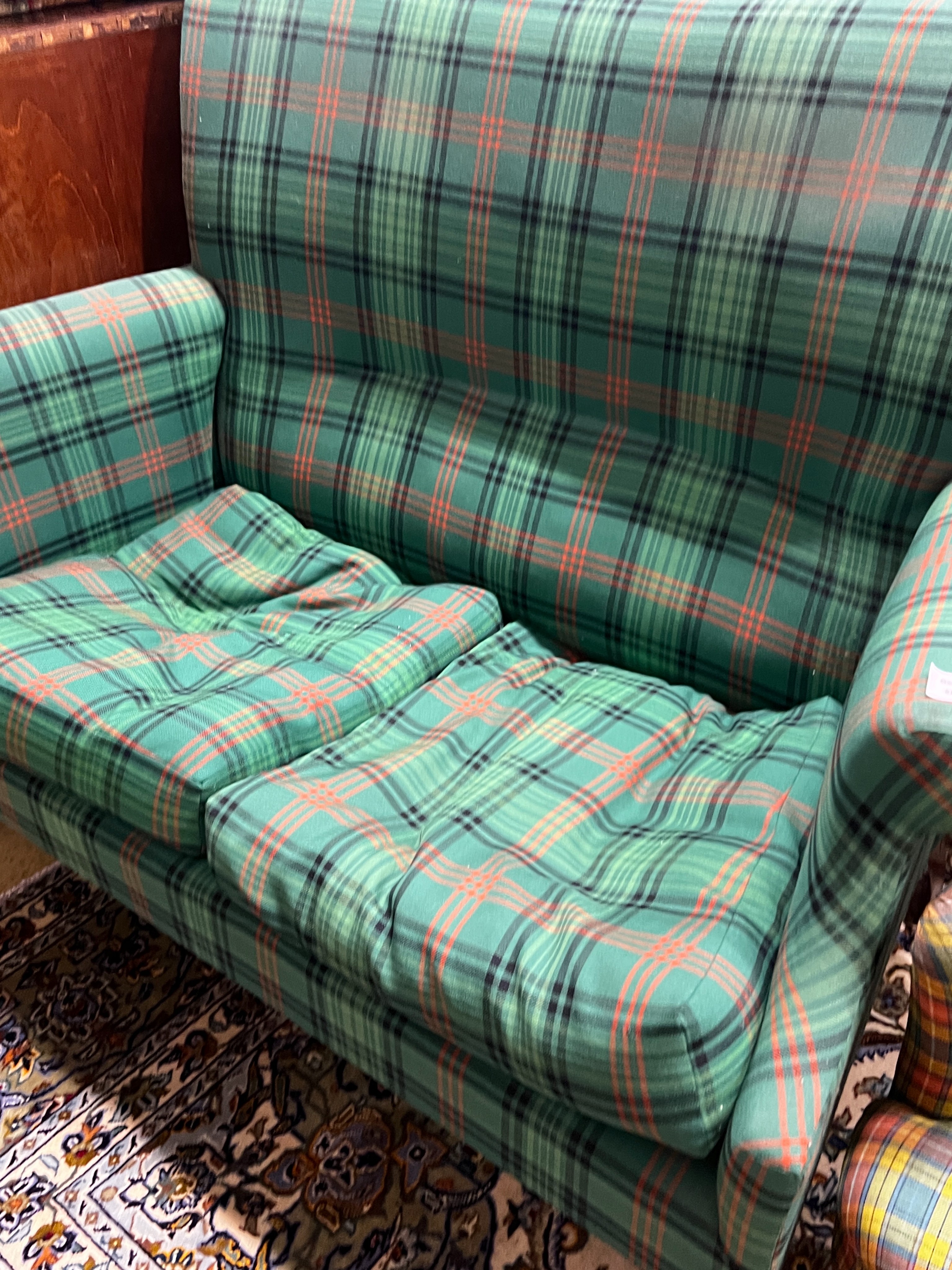 An Edwardian tartan fabric upholstered two seater settee, length 120cm, depth 64cm, height 102cm together with a similar armchair